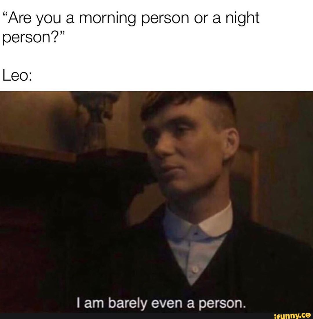 "Are you a morning person or a night person?"
Leo:
lam barelv even nerson.