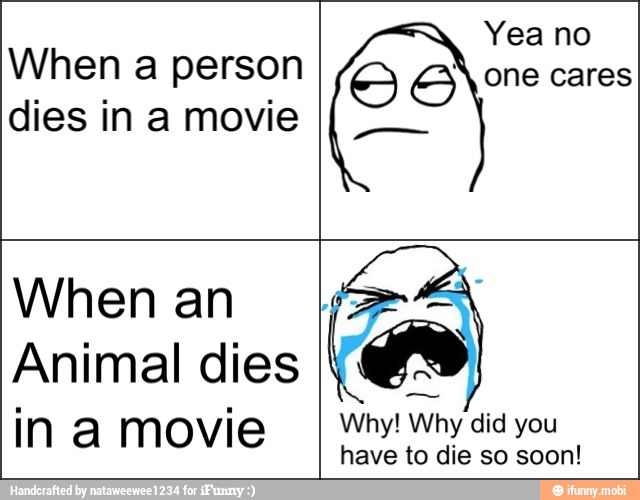 Yea no
© a one cares
When a person
dies in a movie
When an
Animal dies
ina movie
I
Why! Why did you
have to die so soon!