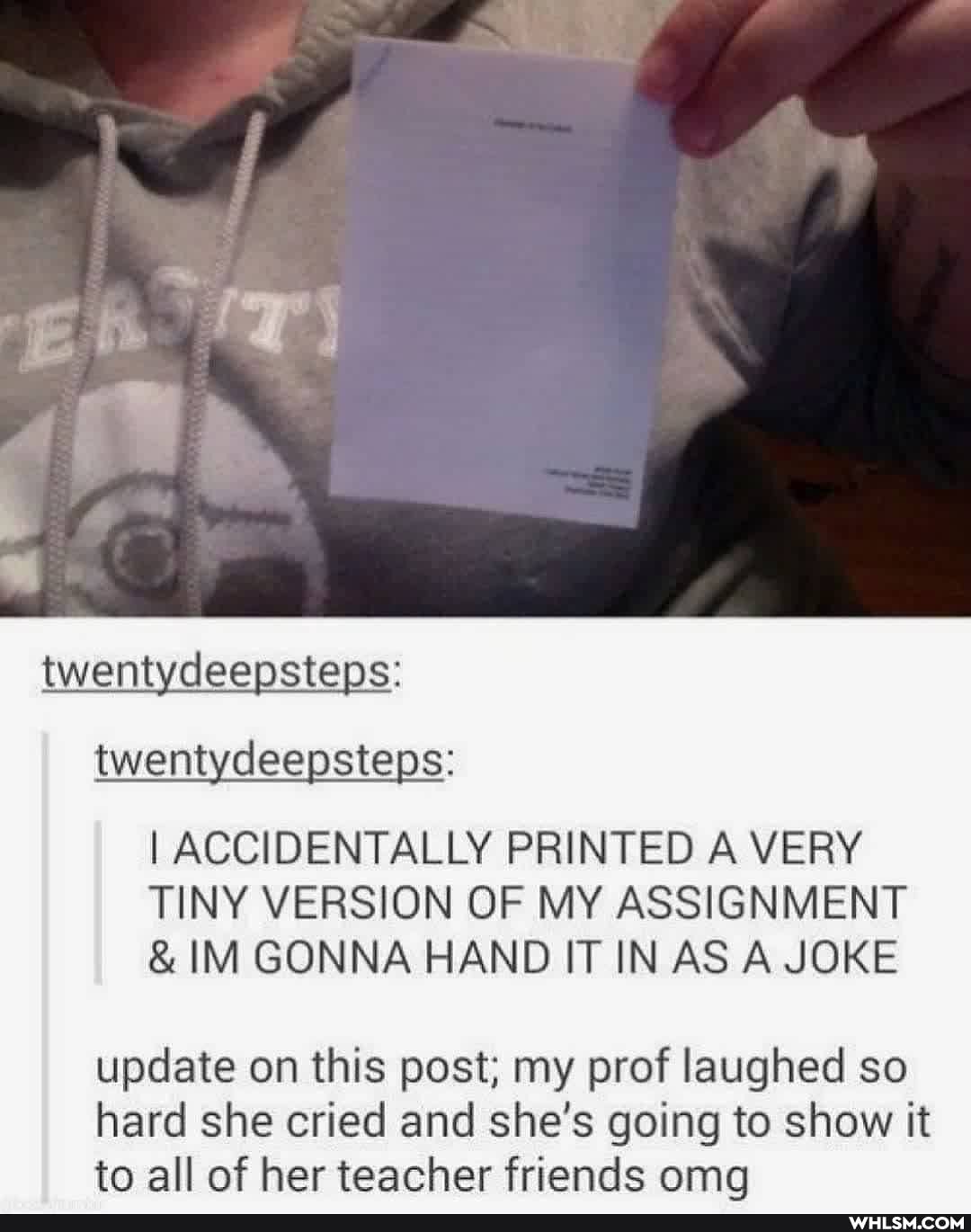 ch
twentydeepsteps: twentydeepsteps:
I ACCIDENTALLY PRINTED A VERY TINY VERSION OF MY ASSIGNMENT
& IM GONNA HAND IT IN AS A JOKE
update on this post; my prof laughed so hard she cried and she's going to show it to all of her teacher friends oma