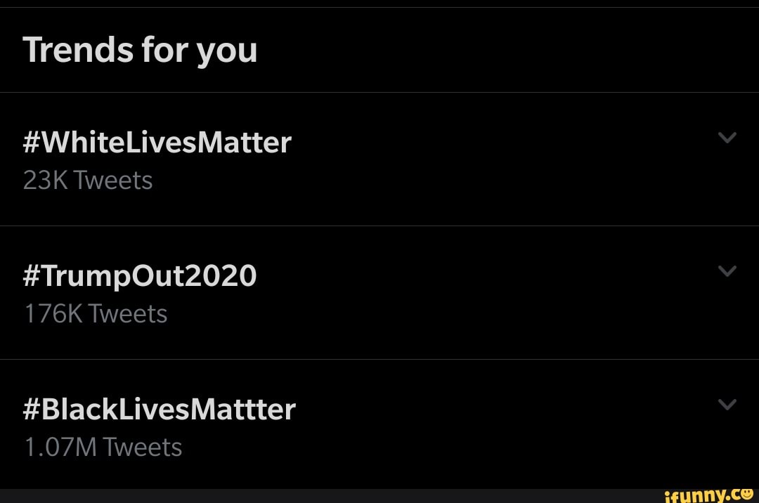 Trends for you
#WhiteLivesMatter
Tweets
#TrumpOut2020
176K Tweets
#BlackLivesMattter
1.07M Tweets