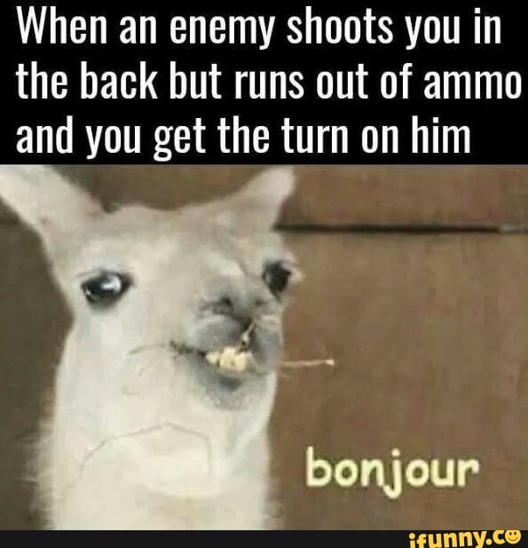 When an enemy shoots you in
the back but runs out of ammo and you get the turn on him
bonjour