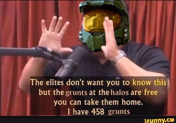 The elites don't want you to know this)
but the grunts at the halos are free
you can take them home.
lL have 458 grunts
4
o
