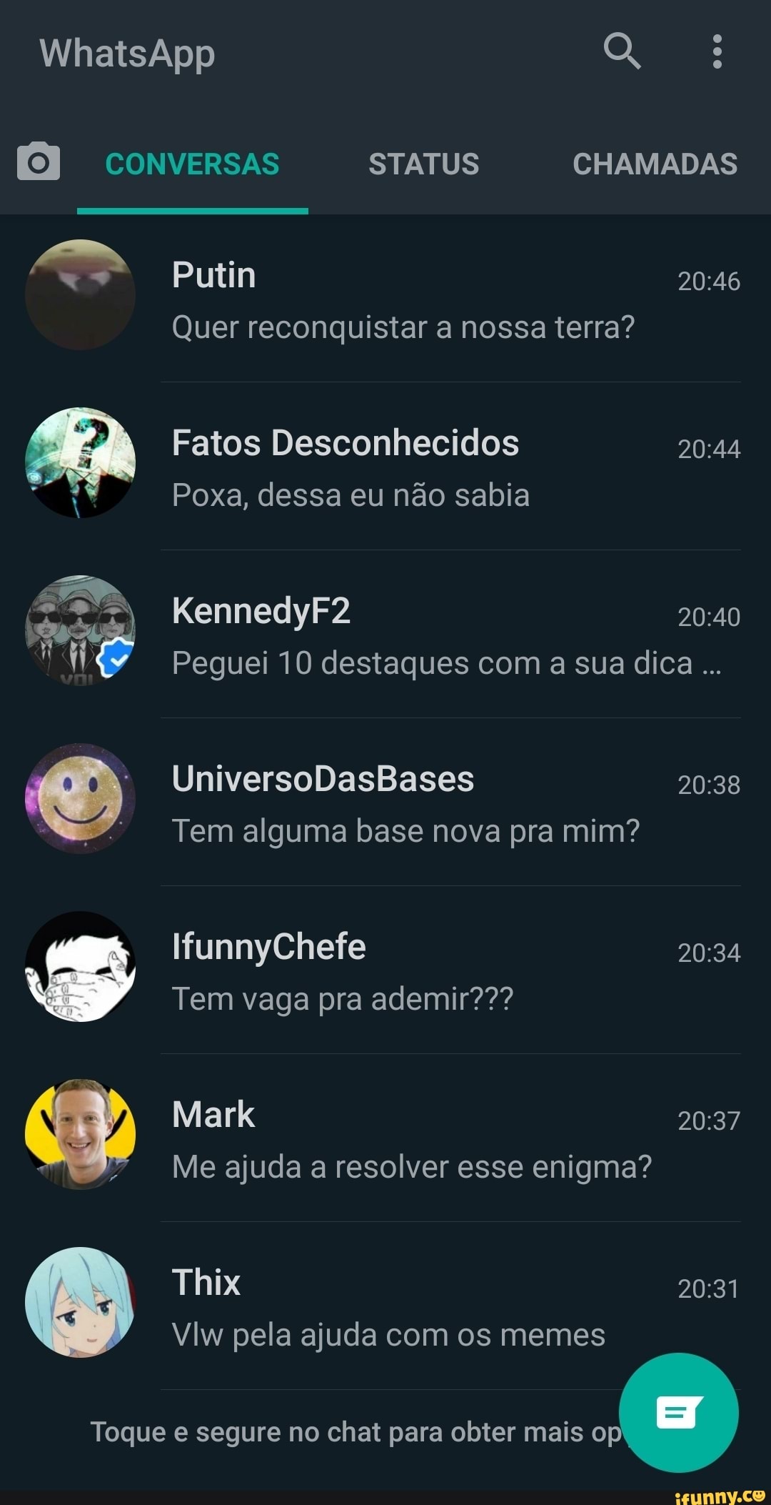 A
a
Toque e segure no chat para obter mais op
Quer reconquistar a nossa terra?
Fatos Desconhecidos DMD
Poxa, dessa eu não sabia
Peguei 10 destaques com a sua dica
Tem alguma base nova pra mim?
Tem vaga pra ademir???
Me ajuda a resolver esse enigma?
Vlw pela ajuda com os memes