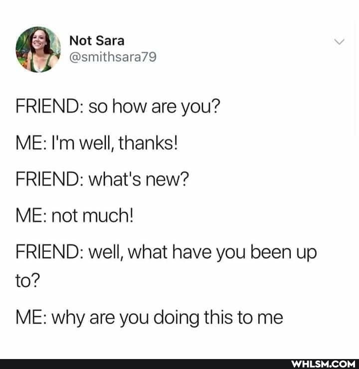 Not Sara
FRIEND: so how are you?
ME: I'm well, thanks!
FRIEND: what's new?
ME: not much!
FRIEND: well, whet have you been up to?
ME: why are you doing this to me