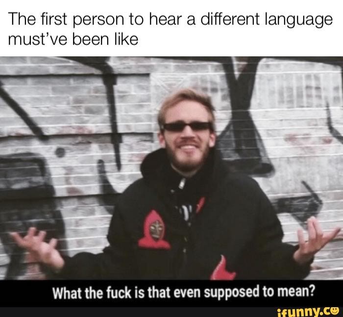 The first person to hear a different language
must've been like
What the fuck is that even supposed to mean?