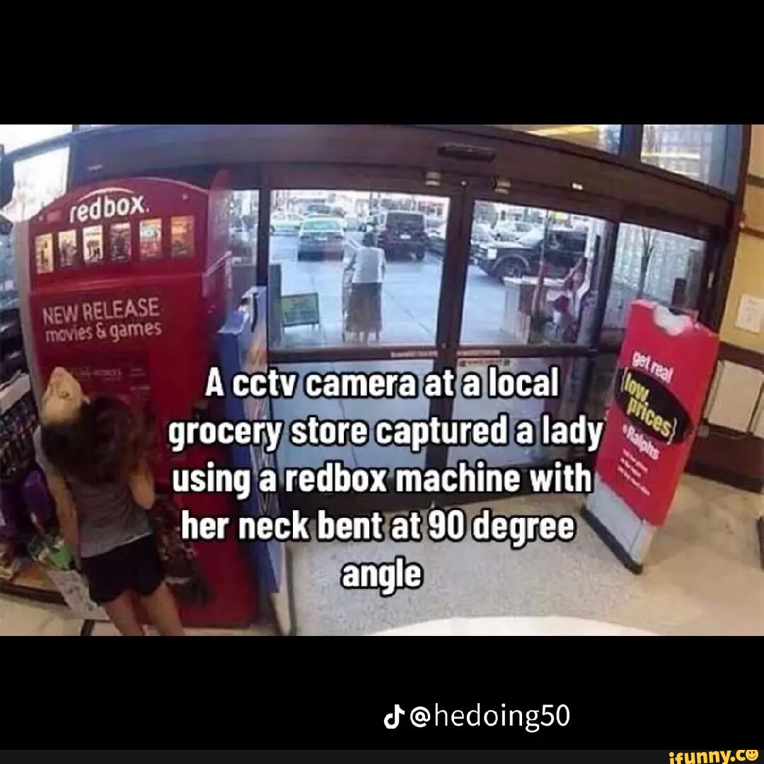 A cctv camera at a local grocery store captured a lady using a redbox machine with her neck bent