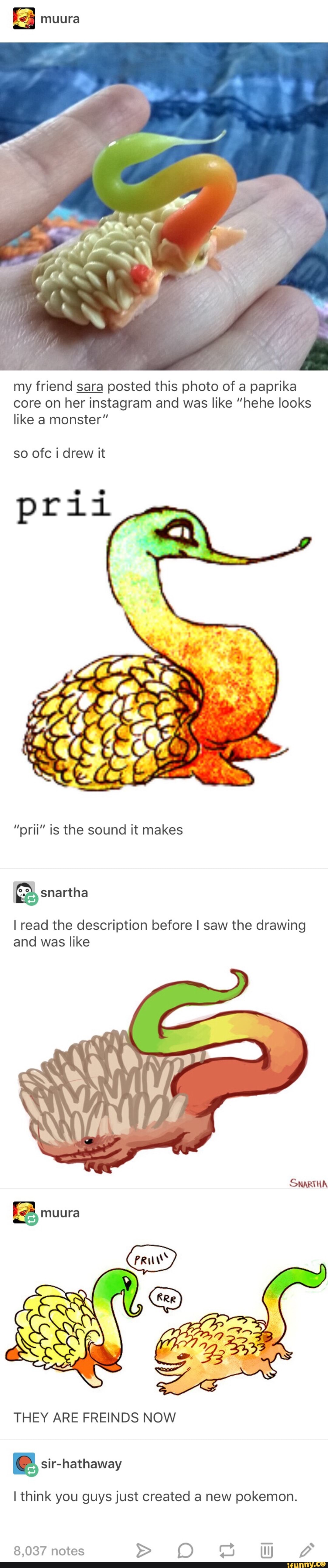 my friend sara posted this photo of a paprika
core on her instagram and was like ”hehe looks
like a monster”
so ofc i drew it