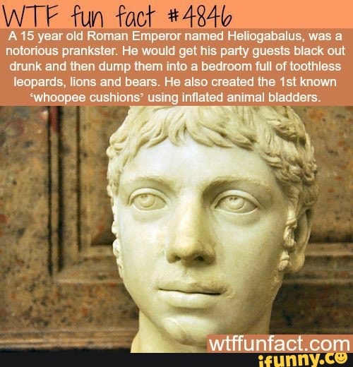 fun fact 4046
A'15 year old Roman Emperor named Heliogabalus, was a notorious prankster. He would get his party guests black out drunk and then dump them into a bedroom full of toothless leopards, lions and bears. He also created the Isl known.
*whoopee cushions' using inflated animal bladders.
com