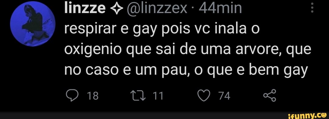 linzze (Dlinzzex: 44min respirar e gay pois vc inala o oxigenio que sai de uma arvore, que
no caso e um pau, o que e bem gay
18