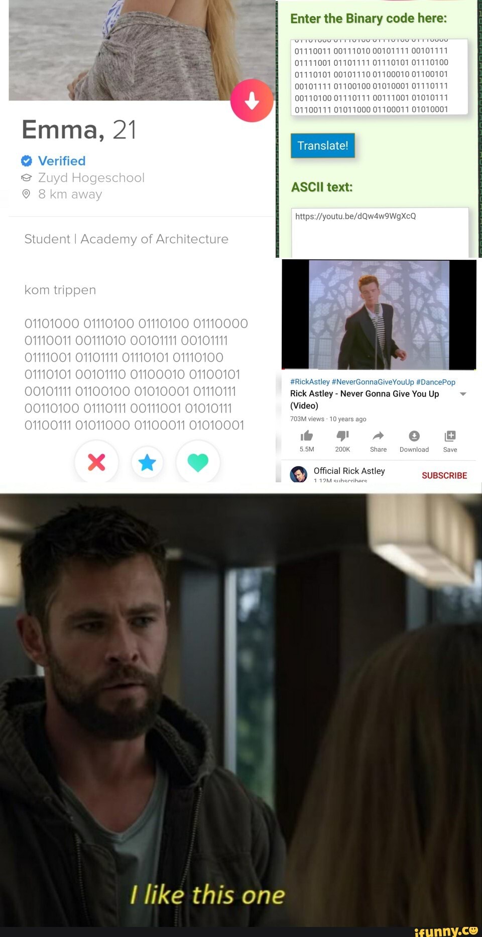 Enter the Binary code here:
01110101
00101111
0100 01110111
ASCII text:
100
ONTI O
100
0111011 Rick Astley - Never Gonna Give You Up
)0111001 01010111 (Video)
100011 01010001
Share
Official Rick Astley
119M cuiherrihar
SUBSCRIBE