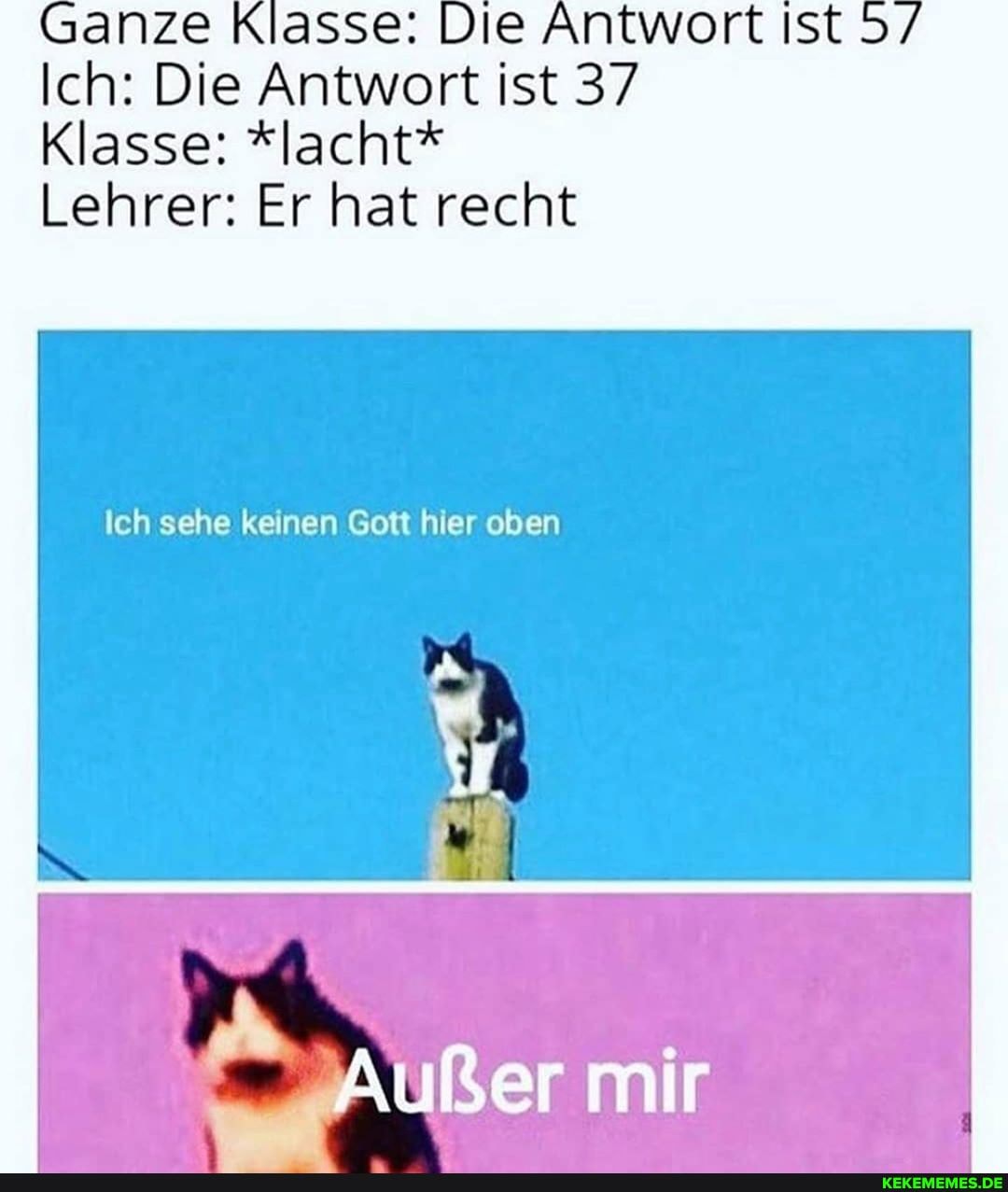 Ganze Klasse: Die Antwort Ist
Ich: Die Antwort ist 37
Klasse: *lacht*
Lehrer: Er hat recht
eh sehe keinen Gott hier oben
Aue m