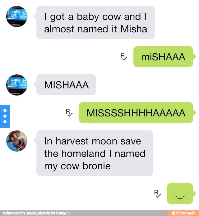 I got a baby cow and I
almost named it Misha MISSSSHHHHAAAAA
In harvest moon save
the homeland I named
my cow bronie