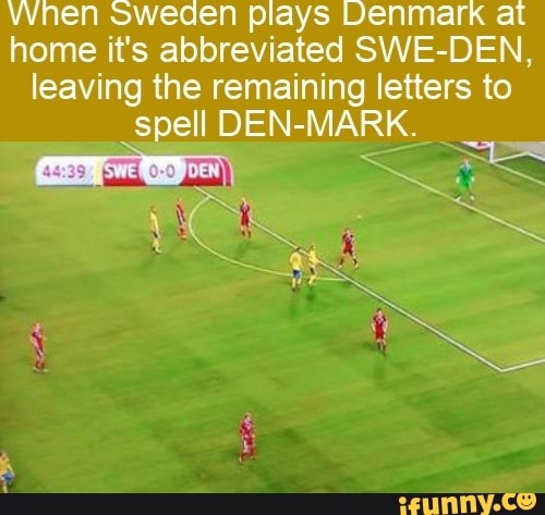 vnen Sweden plays Denmark at
home it's abbreviated SWE-DEN,
leaving the remaining letters to
Soe DEN- SS
ree
E