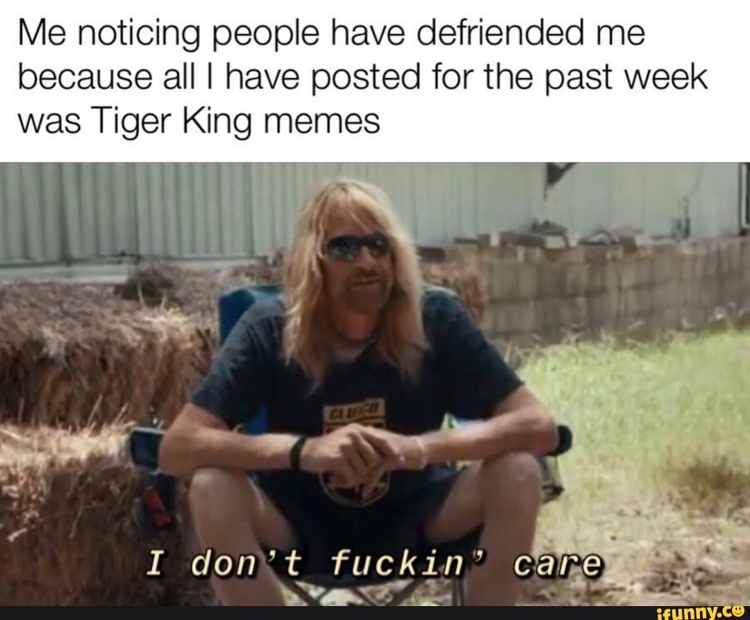 Me noticing people have defriended me
because all I have posted for the past week
was Tiger King memes
I don¥t fuckin'