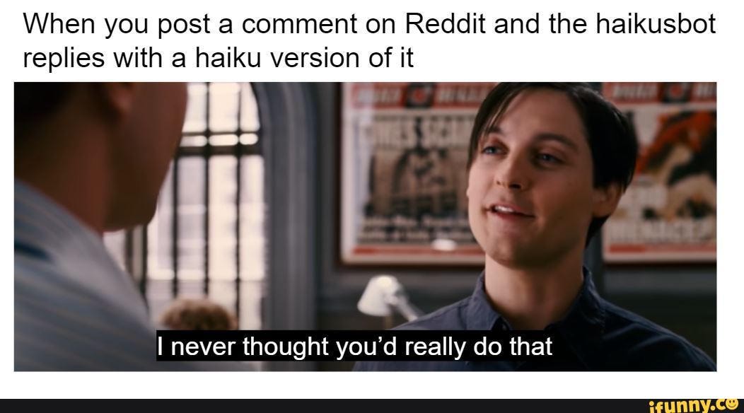 When you post a comment on Reddit and the haikusbot replies with a