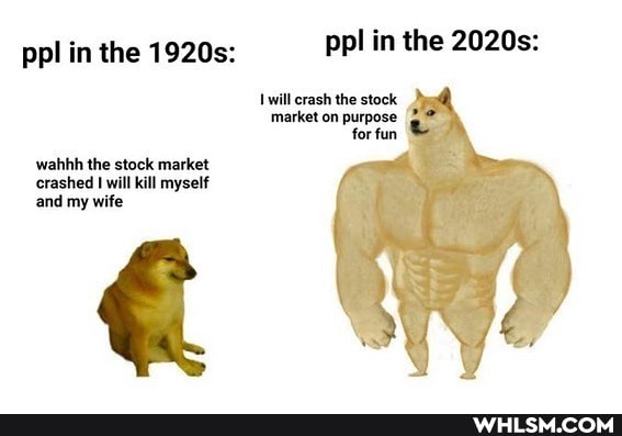 ppl in the 1920s: _-Ppl in the 2020s:
Iwill crash the stock market on purpose for fun
wahhh the stock market crashed I will kill myself and my wife
