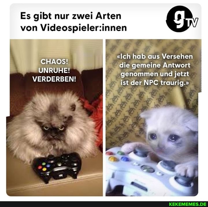 Es gibt nur zwei Arten von
CHAOS!
UNRUHE!
VERDERBEN!
"Ich hab aus Versehen die gemeine Antwort genommen und jetzt
ist der NPC traurig."