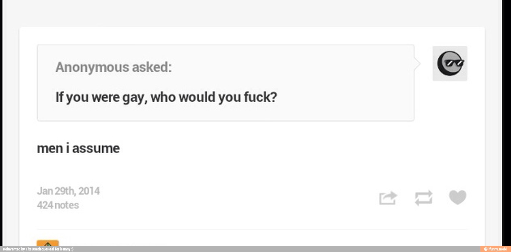 Anonymous asked:
If you were gay, who would you fuck?
men ¡ assume