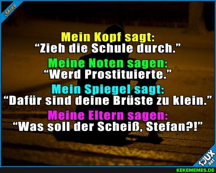sagt:
"Zieh die Schule durch."
Meine Noten sagen:
"Werd Prostituierte."
Mein Spiegel sagt:
"Dafür sind deine Brüste zu klein."
Ellern sagen:
"Was soll der Scheiß, Stefan?!"