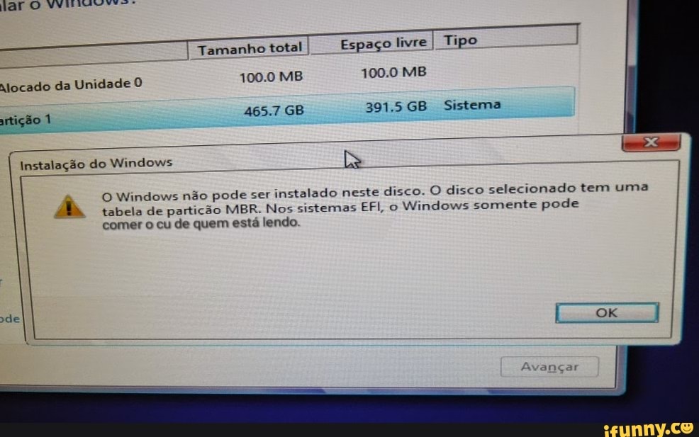 Tamanho total Espaço livre
I Tipo
locado da Unidade O
100.0 MB 100.0 MB
rtição 1
465.7 GB 391,5GB Sistema
Instalação do Windows Is
OWindows não pode ser
instalado neste disco. O disco selecionado tem uma
ÀS cabelo de partição MBR. Nos sistemas EFI, o
Windows somente pode
comer o cu de quem está lendo.