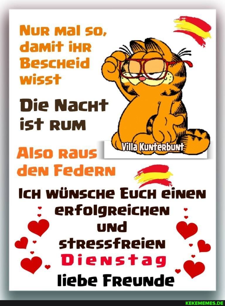 Nur Mal so, damit iHR BescHeid wisst
Die Nacht ist RUM
Also raus I
den Federn
ICH WÜNSCHe EucH einen
: erfolgreichen und fReien
"Dienstag
liebe Freunde