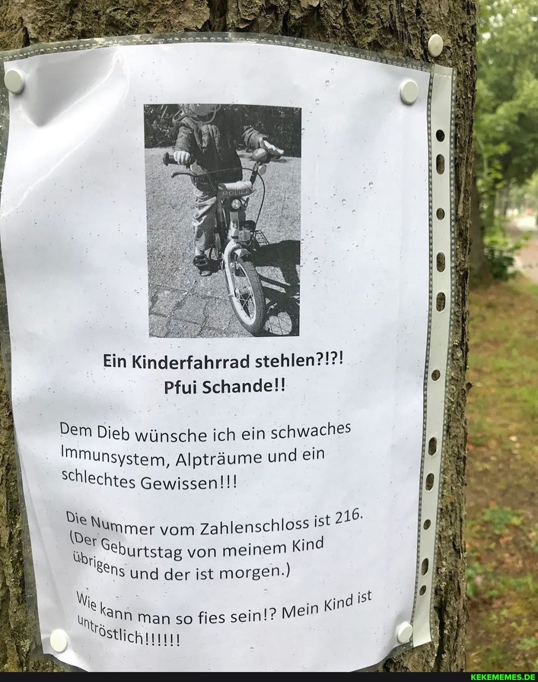 Ein Kinderfahrrad stehlen?!?!
Pfui Schandel!!
Dieb wünsche ich ein schwaches
Mmunsystem, Alpträume und ein
Schlechtes Gewissen!!!
Di nummer vom Zahlenschloss ist 216.
ÜbrI Seburtstag von meinem Kind
$ens und der ist morgen.)
"ann man so fies sein!? Me
Sstlich
in Kind