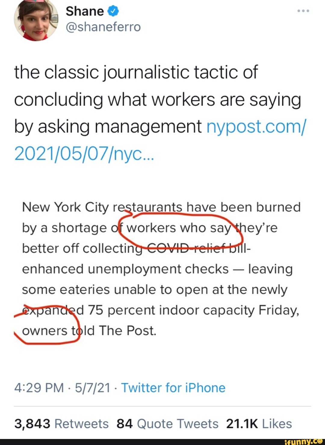 Shane
the classic journalistic tactic of concluding what workers are saying by asking management nypost.com/
New York City restaurants have been burned by a shortage of workers who sayhey're better off collectin
enhanced unemployment checks - leaving some eateries unable to open at the newly
d 75 percent indoor capacity Friday, owners told The Post.
PM - - Twitter for iPhone