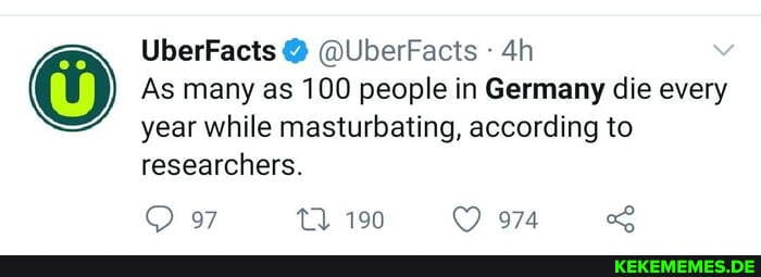 UberFacts @UberFacts
As many as 100 people in Germany die every year while masturbating, according to researchers.
974
of
190