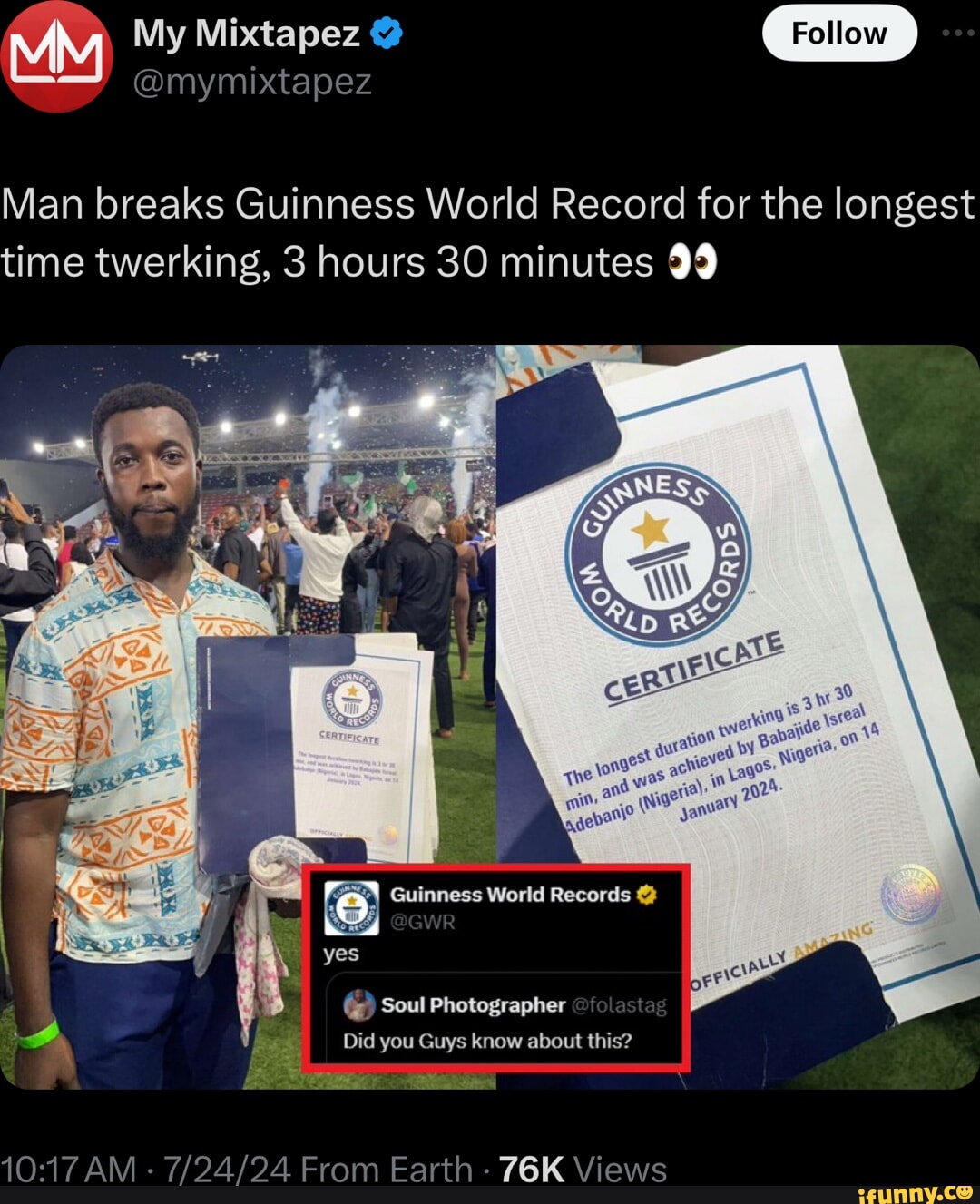 My My Mixtapez @ Man breaks Guinness World Record for the longest time  twerking, 3 hours 30