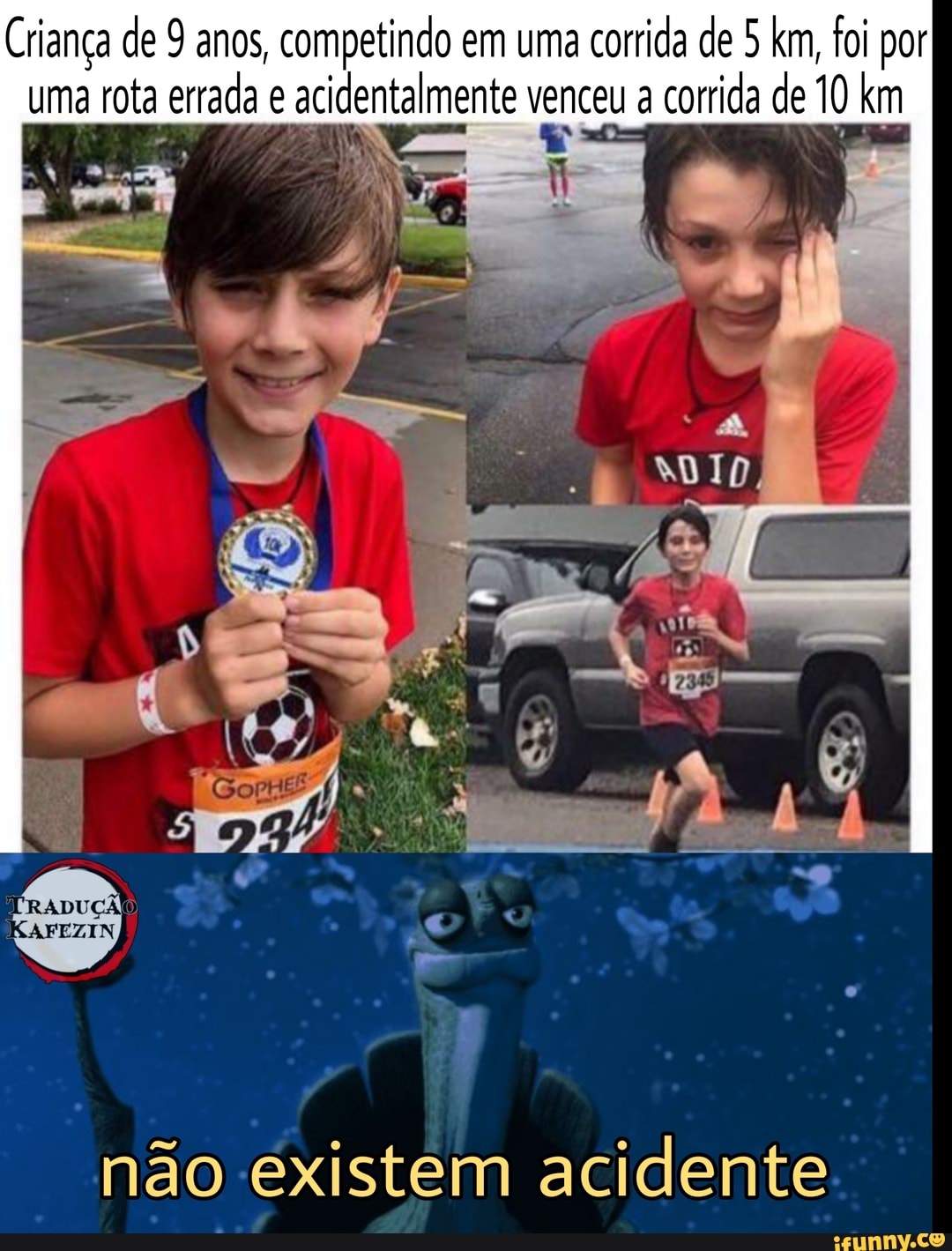 Criança de 9 anos, competindo em uma corrida de 5 km, foi por uma rota errada e acidentalmente venceu a corrida de 10 km
não existem acidente