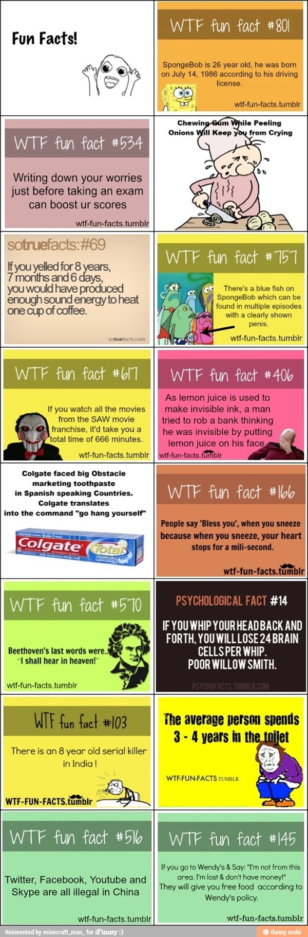 Writing down your worries
just before taking an exam
can boost ur scores
from the SAW movie
marketing toothpaste
in Spanish speaking Countries.
OS
into the command "go hang yourself"
WTF fun fact *lob
WTF fun fact #5710 #14