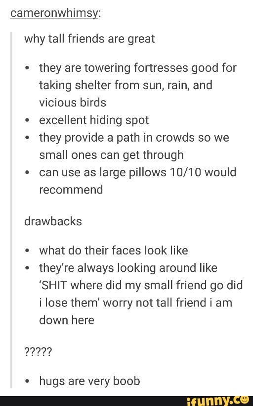 cameronwhimsy:
why tall friends are great
-
they are towering fortresses good for
taking shelter from sun, rain, and
vicious birds
-
excellent hiding spot
-
they provide a path in crowds so we
small ones can get through
- can use as large pillows 10/10 would
recommend
drawbacks
-
what do their faces look like
-
they're always looking around like
'SHIT where did my small friend go did
i lose them' worry not tall friend i am
down here
-
hugs are very boob
