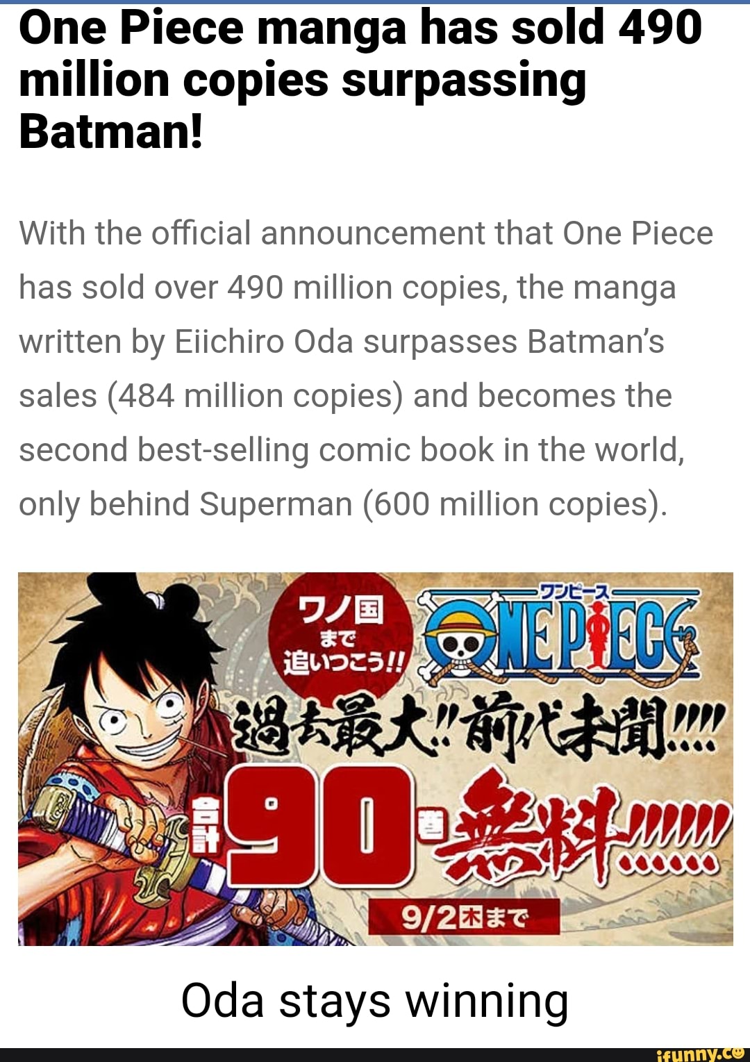 One Piece Manga Has Sold 490 Million Copies Surpassing Batman With The Official Announcement That One