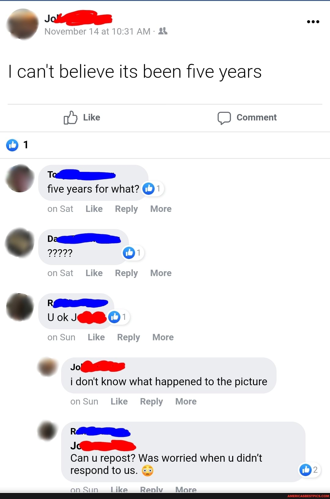 oat
I can't believe its been five years
Like Comment five years for what?
onSet Like Reply More
onSet Like Reply More
U ok
on Sun Like Reply More
i don't know what happened to the picture
onSun Like Reply More
Can u repost? Was worried when u didn't respond to us.