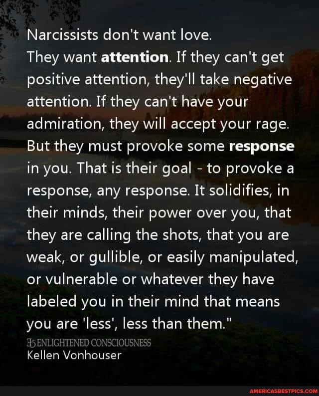 Narcissists don't want love.
They want attention. If they can't get positive attention, they'll take negative attention. If they can't have your admiration, they will accept your rage.
But they must provoke some response in you. That is their goal - to provoke a response, any response. It solidifies, in their minds, their power over you, that they are calling the shots, that you are weak, or gullible, or easily manipulated, or vulnerable or whatever they have labeled you in their mind that means you are 'less', less than them."
Kellen Vonhouser