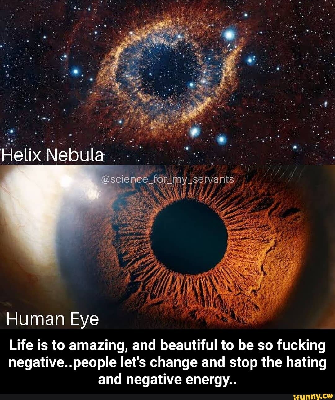 Helix Nebula
@science
Human Eye
Life is to amazing, and beautiful to be so fucking negative..people let's change and stop the hating and negative energy.. - Life is to amazing, and beautiful to be so fucking negative..people let's change and stop the hating and negative energy..