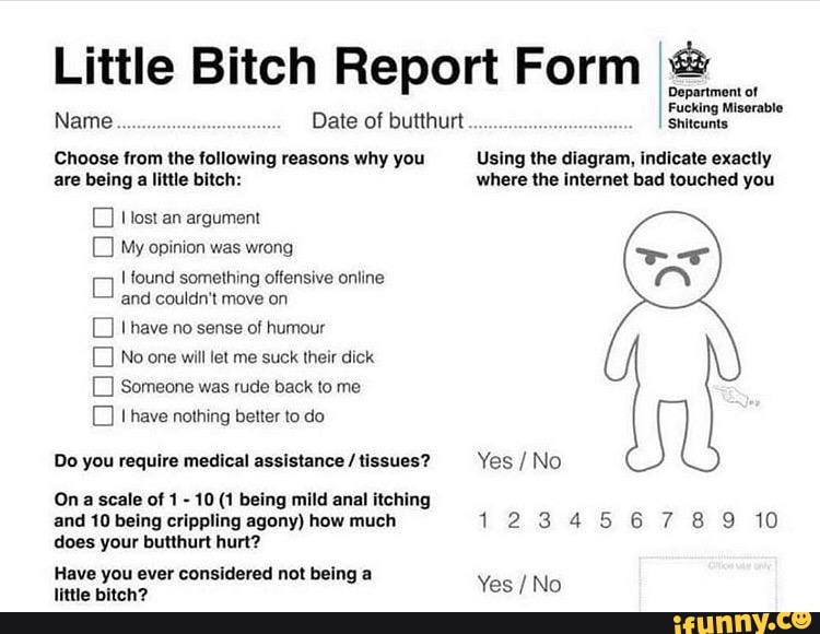 Little Bitch Report Form I@
O
Choose from the following reasons why you Using the diagram, indicate exactly
are being a little bitch: where the internet bad touched you
Host an argument
My opinion was wrong
found something offensive online
and couldn't move on
MEE ola No one will let me suck their dick
Someone was rude back to me
TA ESAS Yes No
Ona scale of 1 10 (1 being mild anal itching
and 10 being crippling agony) how much 123456789 10
does your butthurt hurt?
Have you ever considered not being a
little bitch?
