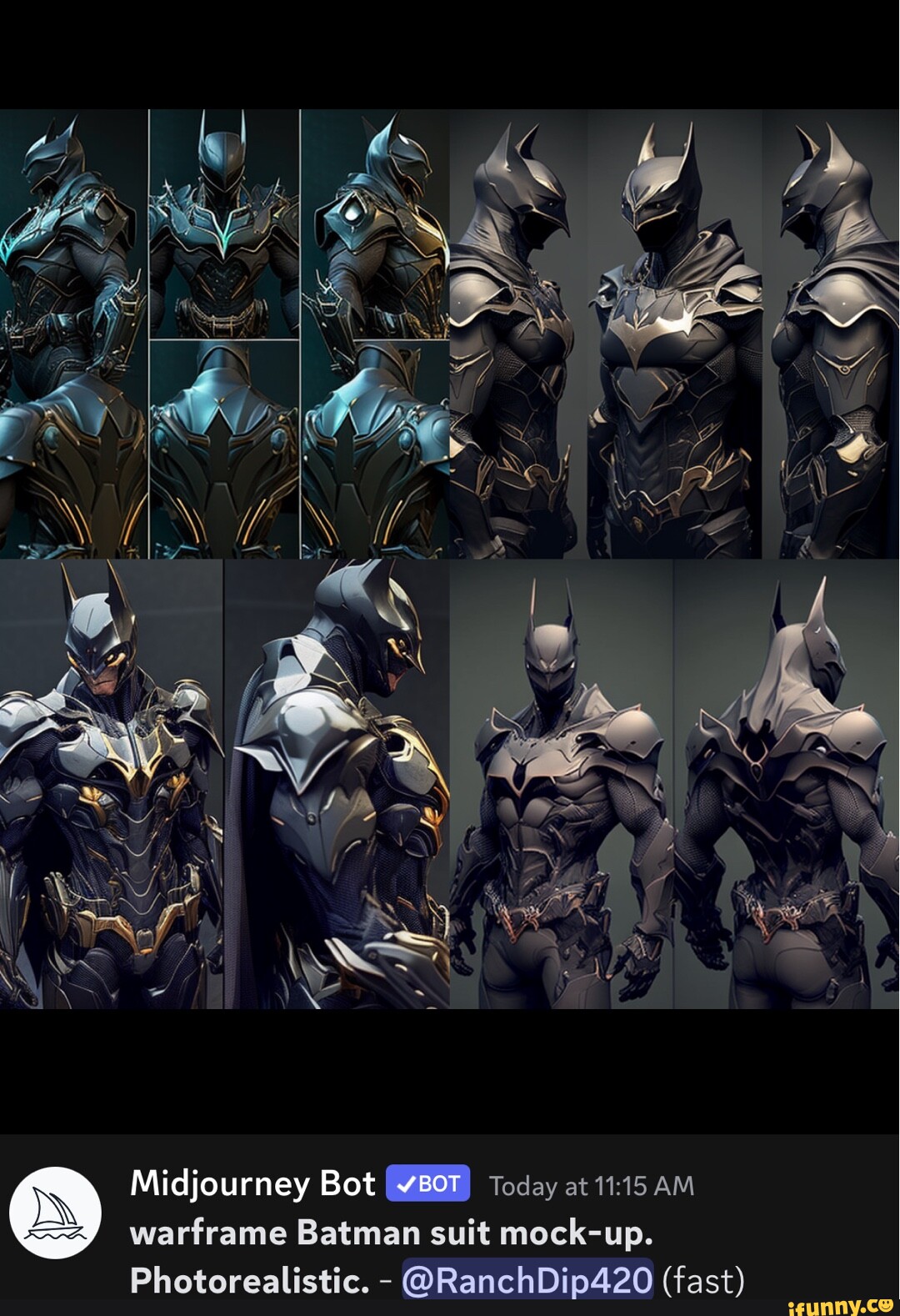 4 ) I ff Midjourney Bot Today at AM Photorealistic. - @RanchDip420 (fast)  wartrame Batman suit mock-up. - iFunny