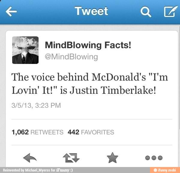 € Tweet
The voice behind McDonald's "I'm
Lovin' It!" is Justin Timberlake!
1,062 RETWEETS 442 FAVORITES