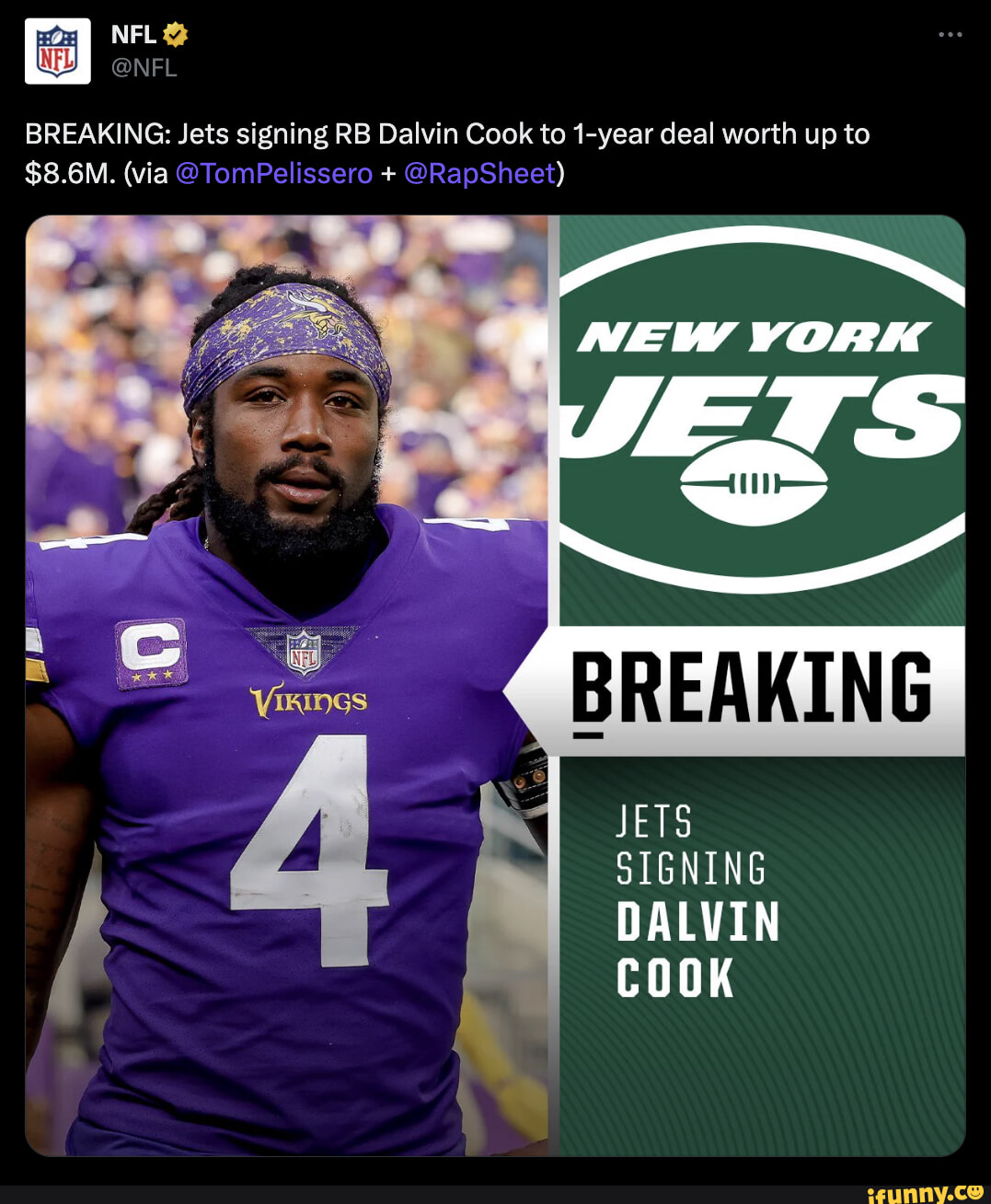 Ex-Vikings RB Dalvin Cook signs one-year deal for up to $8.6M with Jets