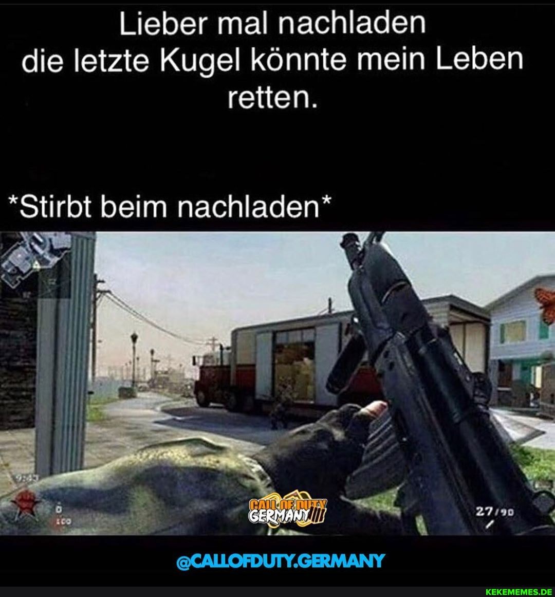 Lieber mal nachladen die letzte Kugel könnte mein Leben retten.
*Stirbt beim nachladen*
GERMANY