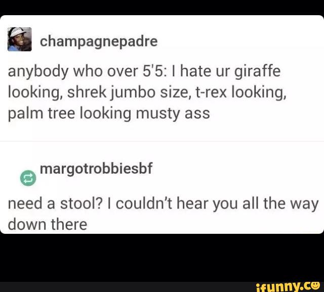 & champagnepadre
anybody who over 5’5: I hate ur giraffe
looking, shrekjumbo size, t-rex looking,
palm tree looking musty ass
margotrobbiesbf
need a stool? I couldn't hear you all the way
down there
