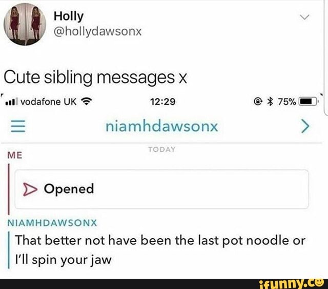 Holly
\ @hollydawsonx
Cute sibling messages x
= niamhdawsonx >
ME
> Opened
NIAMHDAWSONX That better not have been the last pot noodle or
I'll spin your jaw