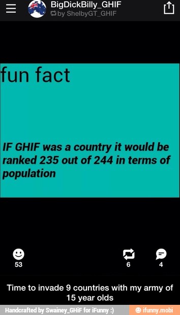 IF GHIF was a country it would be
ranked 235 out of 244 in terms of
population
Time to invade 9 countries with my army of
15 year olds - Time to invade 9 countries with my army of 15 year olds