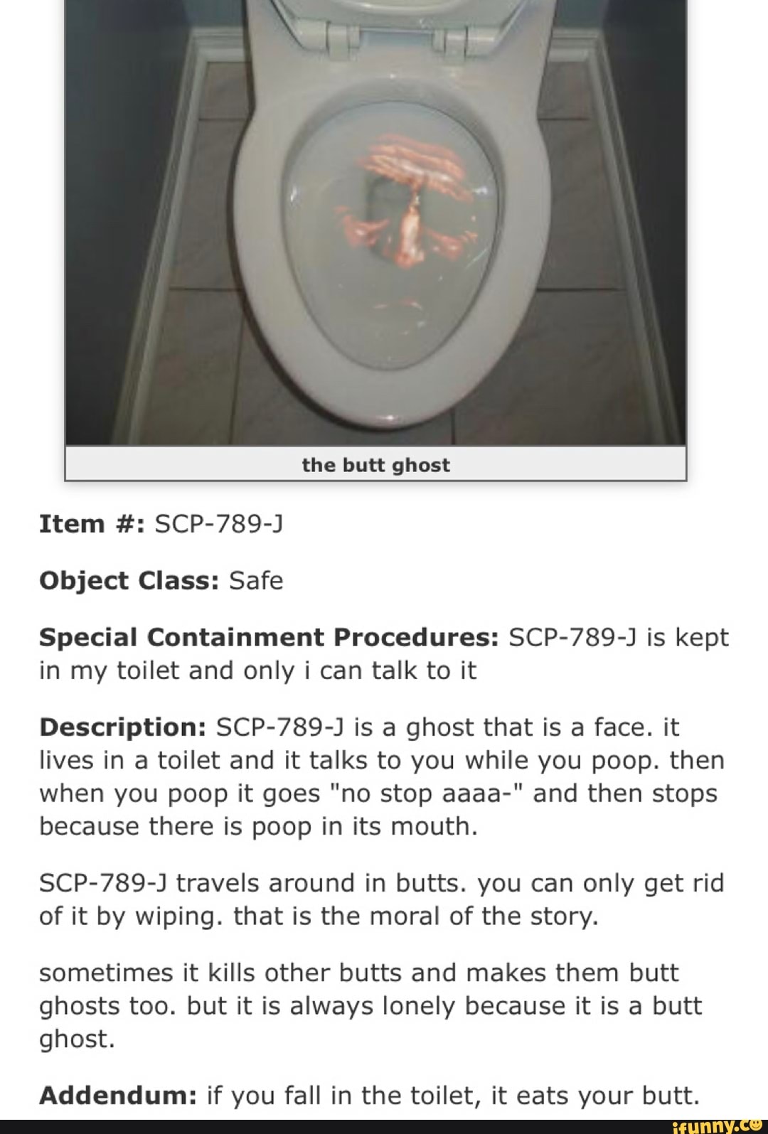 Object Class Safe Special Containment Procedures Scp 7 J Is Kept In My Toilet And Only I Can Talk To It Description Scp 7 J Is A Ghost That Is A Face It Lives In A