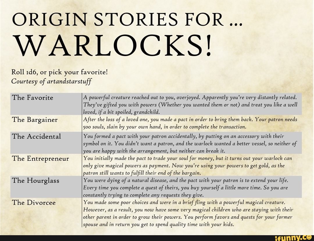 ORIGIN STORIES FOR... WARLOCKS! Roll or pick your favorite