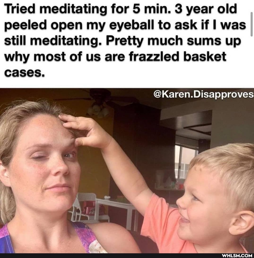 Tried meditating for 5 min. 3 year old peeled open my eyeball to ask if was still meditating. Pretty much sums up why most of us are frazzled basket cases.
@Karen.Disapproves