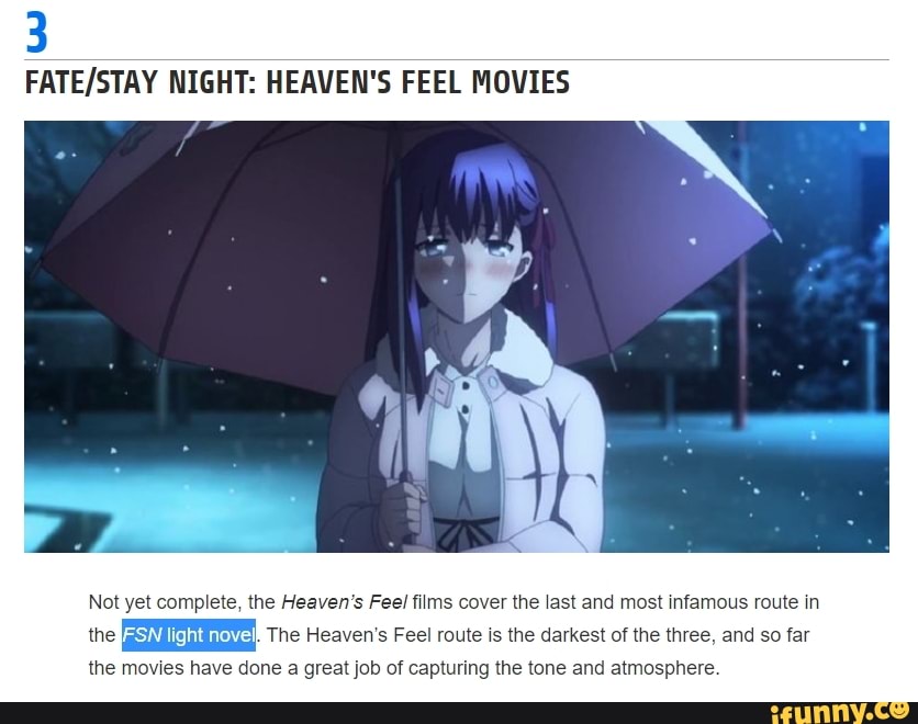 3 Fate Stay Night Heaven S Feel Movies Not Yet Complete The Heaven S Feel Films Cover The Last And Most Infamous Route In The Sma The Heaven S Feel Route Is The Darkest Of The