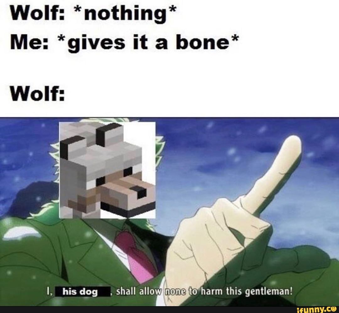 Wolf: *nothing*
Me: *gives it a bone*
Wolf:
I, hisdog shall allow inone to harm this gentleman!
