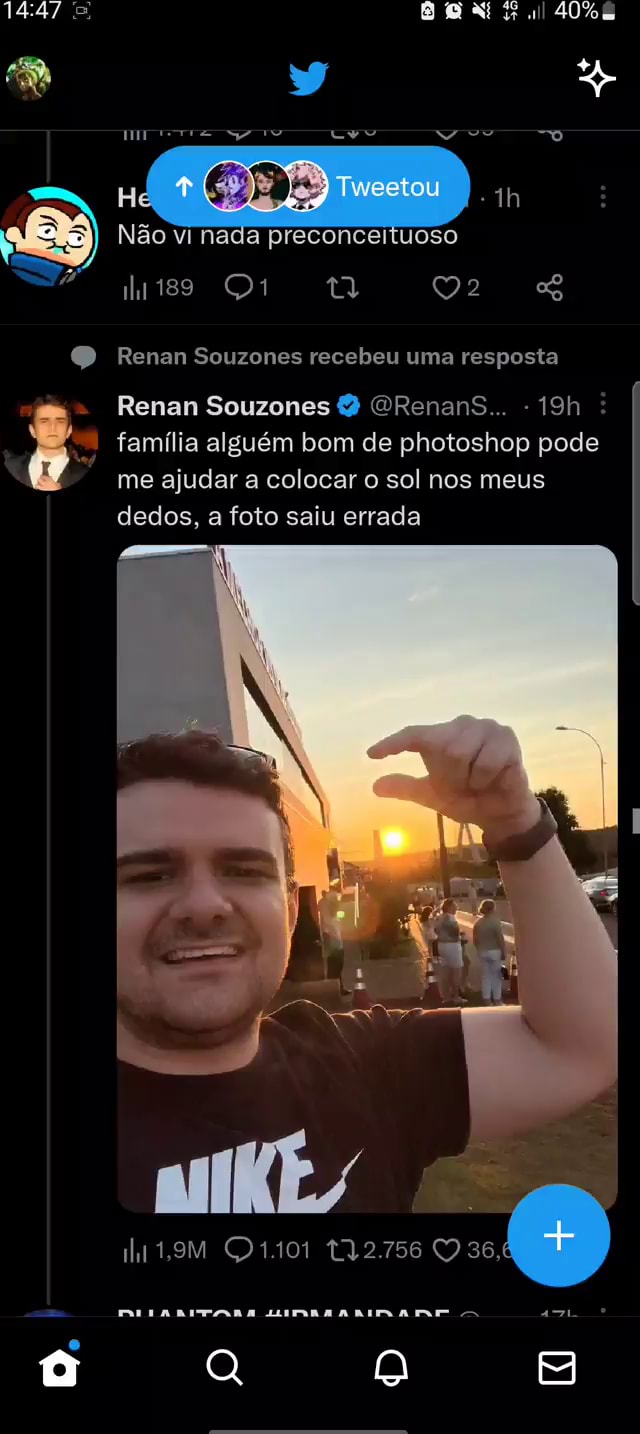 Não vi nada preconceituoso Renan Souzones recebeu uma resposta Renan  Souzones Renans família alguém bom de photoshop pode me ajudar a colocar  sol nos meus dedos, a foto saiu errada 36, 